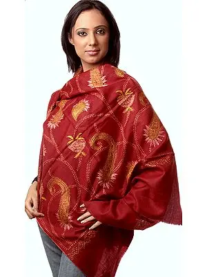 Maroon Kashmiri Stole with Hand-Embroidered Paisleys