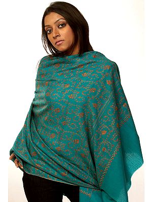 Turquoise Tusha Shawl with All-Over Sozni Embroidery by Hand