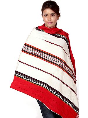 Ivory and Red Folk Shawl Woven in Nagaland