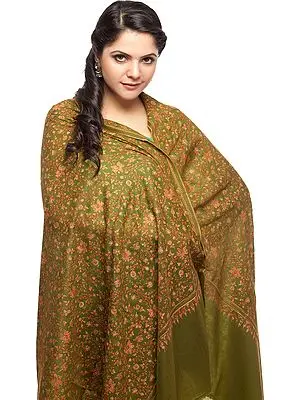 Vineyard-Green Pure Pashmina Shawl with Intricate Kashmiri Sozni Embroidery by Hand All-Over