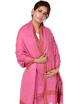 Plain Pink Kullu Shawl with Kinnauri Embroidery on Borders