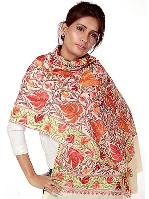 Ivory Jamdani Stole from Kashmir with Embroidered Chinar Leaves All-Over