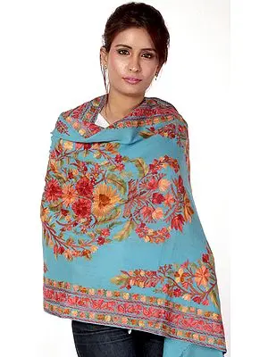 Sky-Blue Aari-Embroidered Stole from Kashmir with Embroidered Flowers