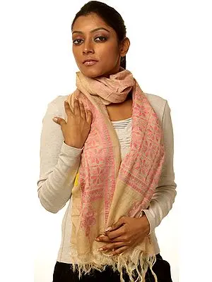 Beige Stole with Kantha Stitch Embroidery by Hand in Pink Thread