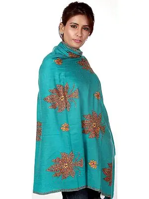 Dark Greenish Blue Pure Pashmina Shawl with Sozni Embroidery
