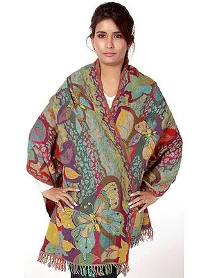 Multi-Color Jamawar Stole with Woven Butterflies and Aari Embroidery