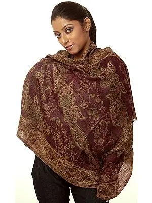 Deep-Purple Pure Pashmina Stole with Printed Paisleys