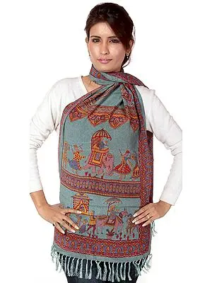 Cyan Scarf with Printed Elephant Procession