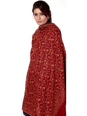 Maroon Tusha Shawl with All-Over Sozni Embroidery by Hand