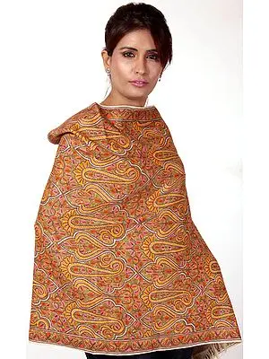 Multi-Color Densely Hand-Embroidered Jamdani Stole from Kashmir