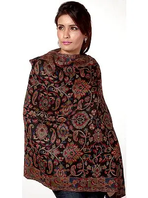 Black Kani Stole with Woven Flowers in Multi-Color Threads