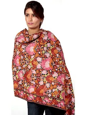 Black Densely Embroidered Aari Shawl from Kashmir with Large Flowers