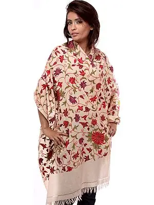 Peach Hand-Embroidered Crewel Stole from Kashmir
