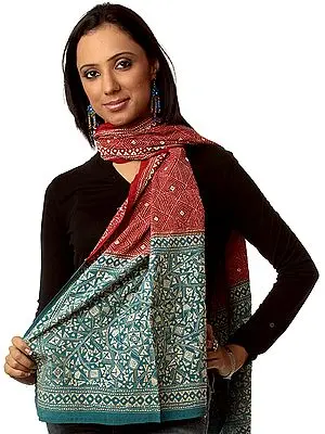 Turquoise and Red Stole with Kantha Stitch Embroidery by Hand