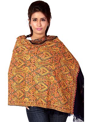 Midnight-Blue Densely Hand-Embroidered Aari Stole from Kashmir