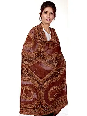Brown Reversible Jamawar Shawl with All-Over Weave