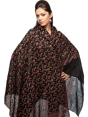 Black Pure Pashmina Shawl with Intricate Kashmiri Sozni Embroidery by Hand All-Over