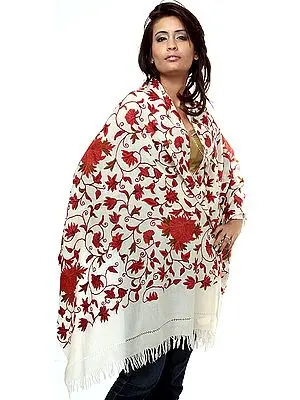 Ivory Hand-Embroidered Crewel Stole from Kashmir