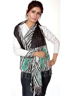 Zebra Designer Stole with Embroidered Paisleys and Sequins
