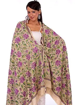 Beige Shawl with Kantha Stitch Embroidered Flowers by Hand