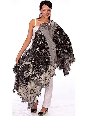 Black and Gray Jamawar Stole Fringed on All Sides