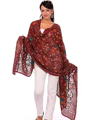 Cordovan Phulkari Dupatta Embroidered in Punjab