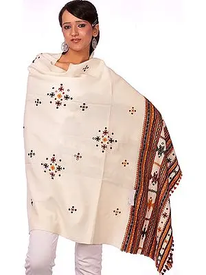 Ivory Shawl from Kutchh with Embroidered Bootis and Mirrors