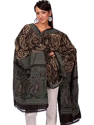 Black Dupatta with Kantha Embroidery by Hand and Printed Paisleys