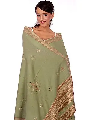 Tea-Green Shawl from Kutchh with Embroidered Bootis and Mirrors