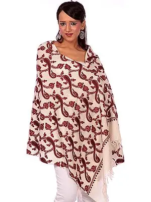 Ivory and Brown Stole with Aari-Embroidered Paisleys by Hand