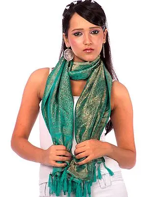 Green Resham Tehra Stole with Paisleys Woven All Over