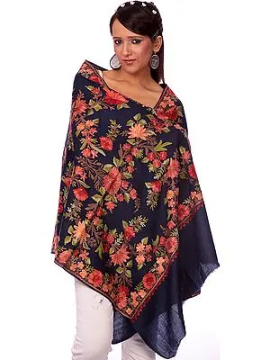 Navy-Blue Floral Embroidered Aari Stole  from Kashmir