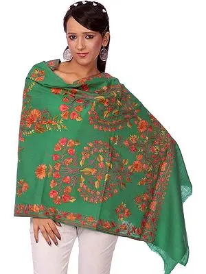 Green Floral Embroidered Aari Stole  from Kashmir