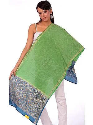 Green and Blue Stole with Kantha Stitch Embroidery by Hand