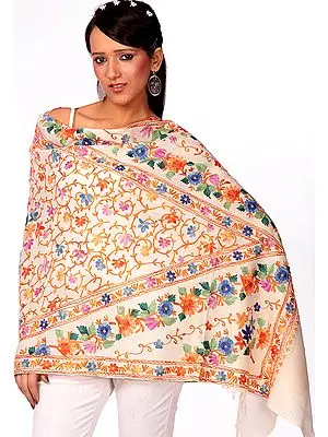 Ivory Floral Embroidered Aari Stole  from Kashmir