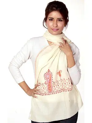 Ivory Tusha Stole Hand-Embroidered in Kashmir