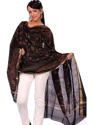 Black Hand-woven Patan Patola Dupatta from Gujarat with Ikat Weave