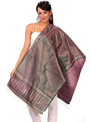 Green and Lavender Zari Ektara Stole from Banaras