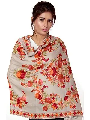 Gray Floral Embroidered Aari Stole from Kashmir