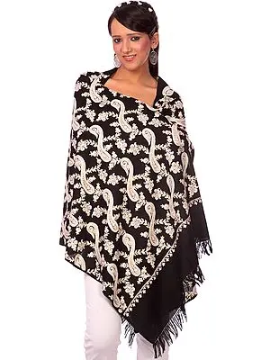 Black Stole with Aari-Embroidered Paisleys by Hand