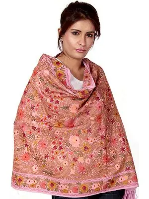 Pink Densely Embroidered Phulkari Aari Stole