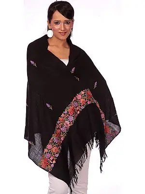 Black Stole with Hand Embroidered Flowers on Borders