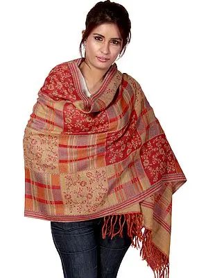 Red and Beige Reversible Jamawar Stole with Woven Flowers