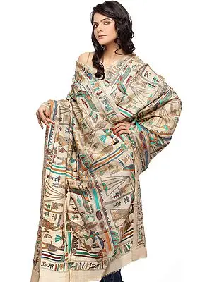 Beige Shawl with Kantha Stitch Embroidered Egyptian Motifs