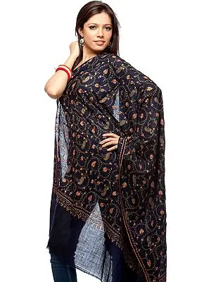 Midnight-Blue Pure Pashmina Shawl with Intricate Kashmiri Sozni Embroidery by Hand All-Over
