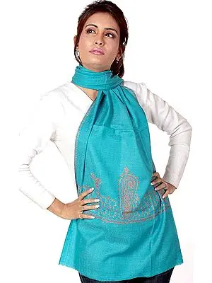 Robin-Egg Blue Tusha Stole Hand-Embroidered in Kashmir