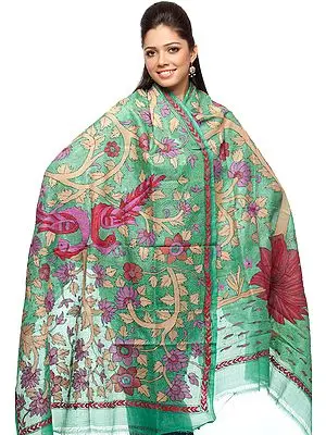 Jade-Green Shawl with Kantha Stitch Embroidered Flowers by Hand