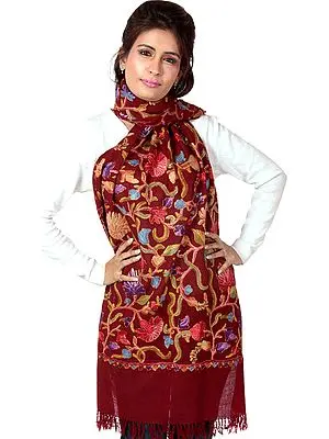 Dark-Maroon Hand-Embroidered Aari Stole from Kashmir with Golden Thread