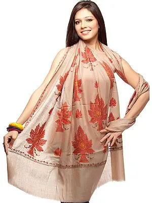 Khaki Pure Pashmina Shawl with All-Over Sozni Hand-Embroidered Maple Leaves