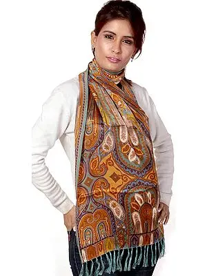 Wasabi-Green Scarf with Golden Printed Paisleys